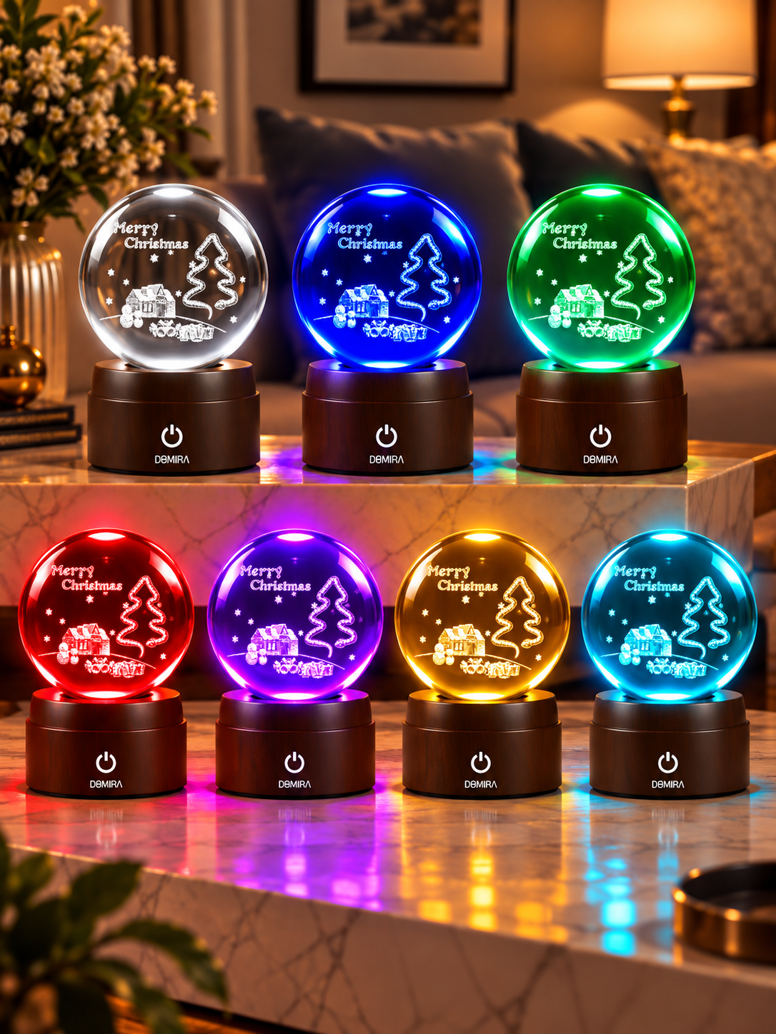 Winter Wonderland crystal globe shown in seven LED colours