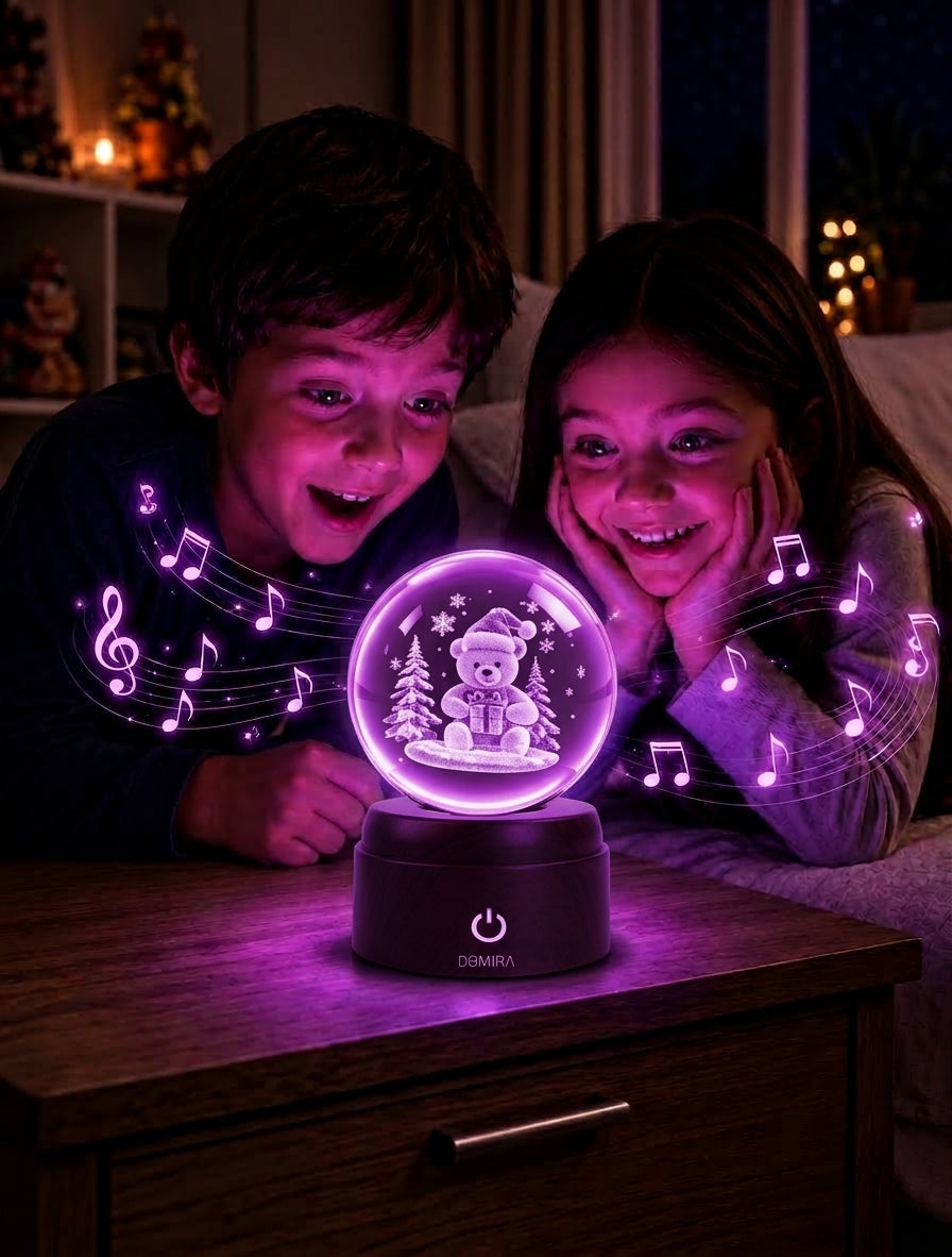 Two children enjoying the Wrapped in Wonder crystal globe as the Christmas jingle plays