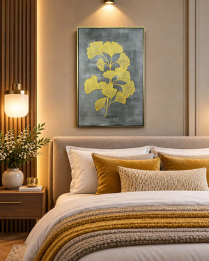 Gilded Ginkgo gold foliage wall art above a bed in a bedroom