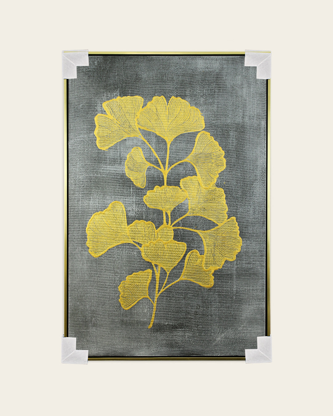 Gilded Ginkgo gold foliage wall art with corner protectors for delivery
