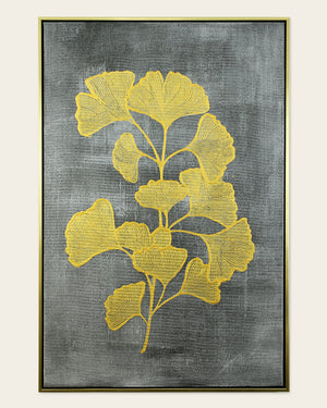 Gilded Ginkgo gold foliage wall art front view in a gold and black frame