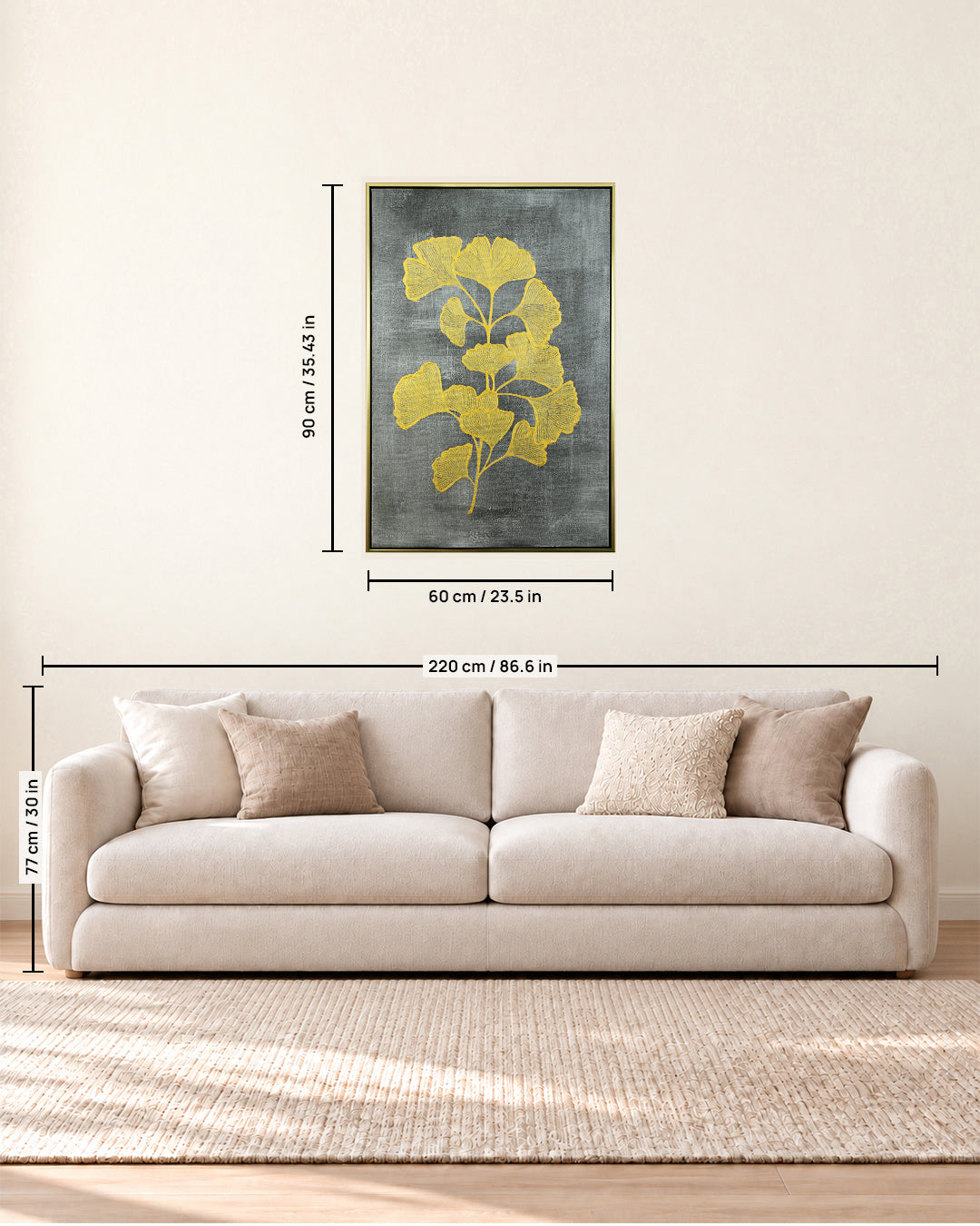 Gilded Ginkgo gold foliage wall art size guide above a sofa