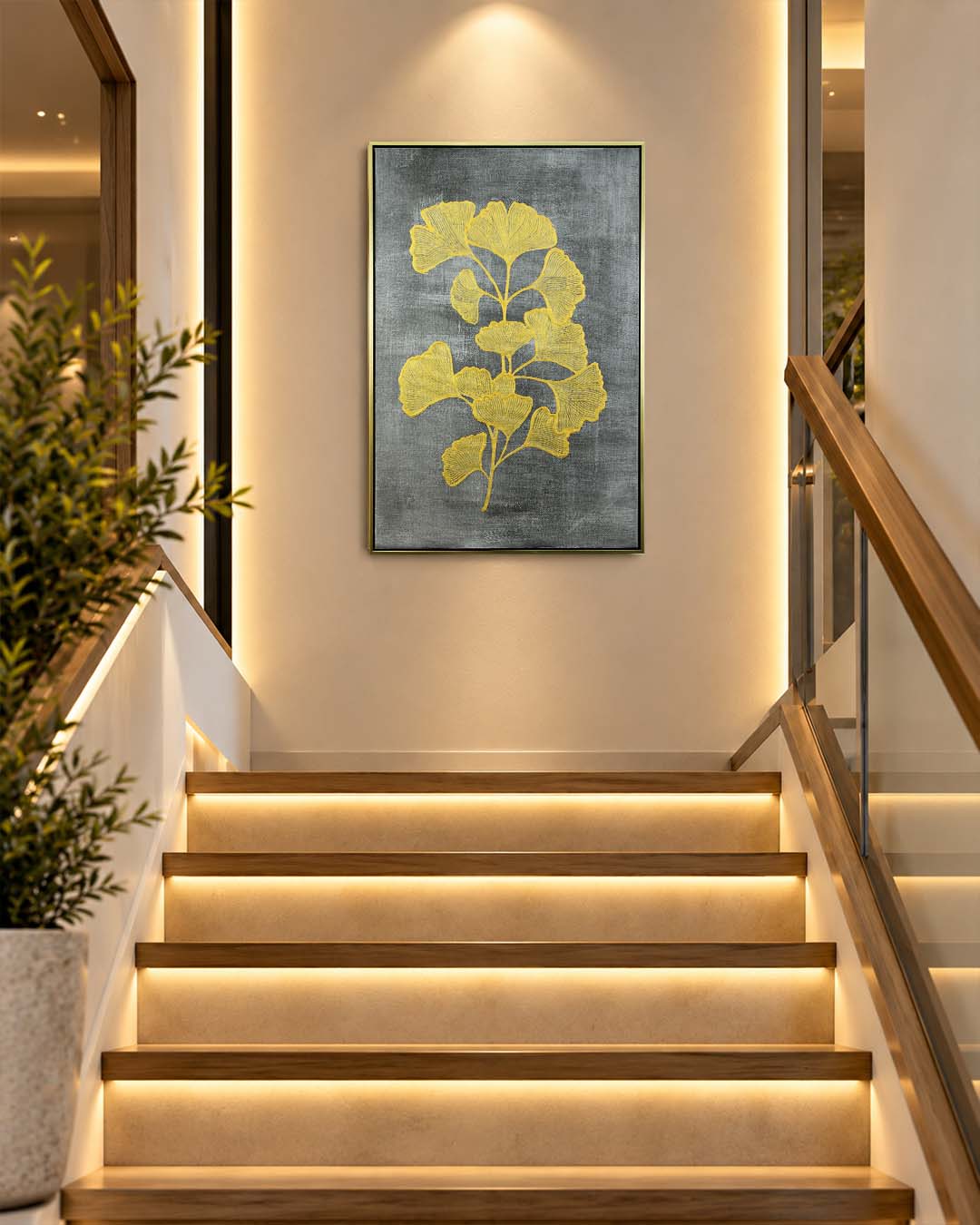 Gilded Ginkgo gold foliage wall art on a staircase wall