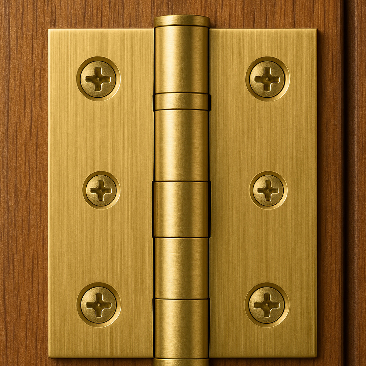 Gold 3 inch door hinges installed on a wooden door