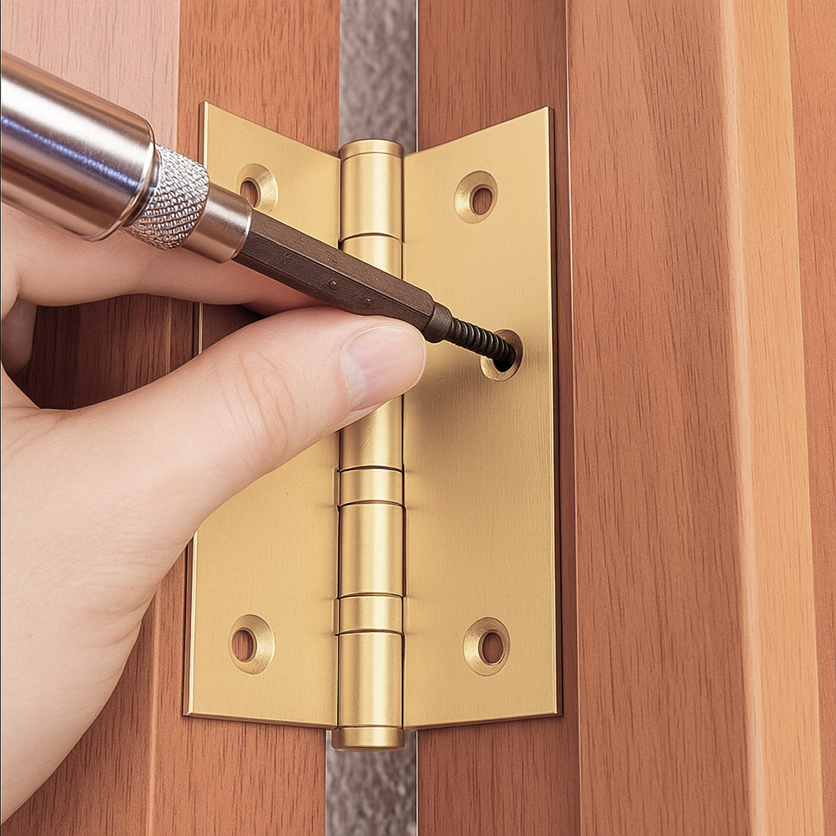 Gold 4 inch door hinges installed on a wooden door