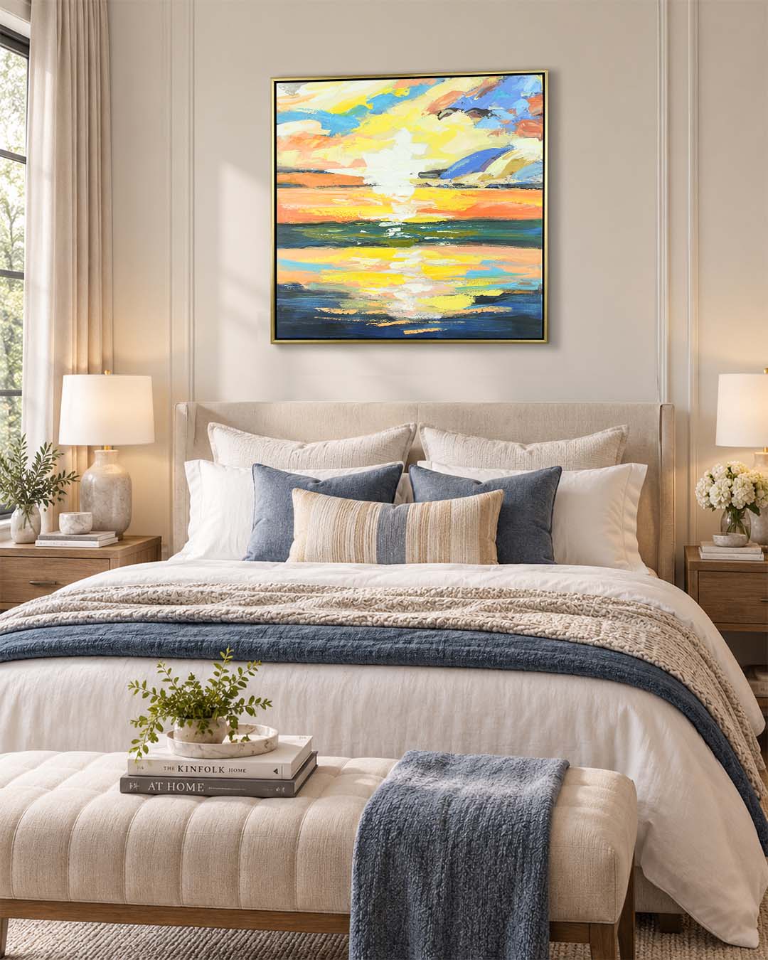 Golden Hour colourful abstract painting above a bed in a bedroom