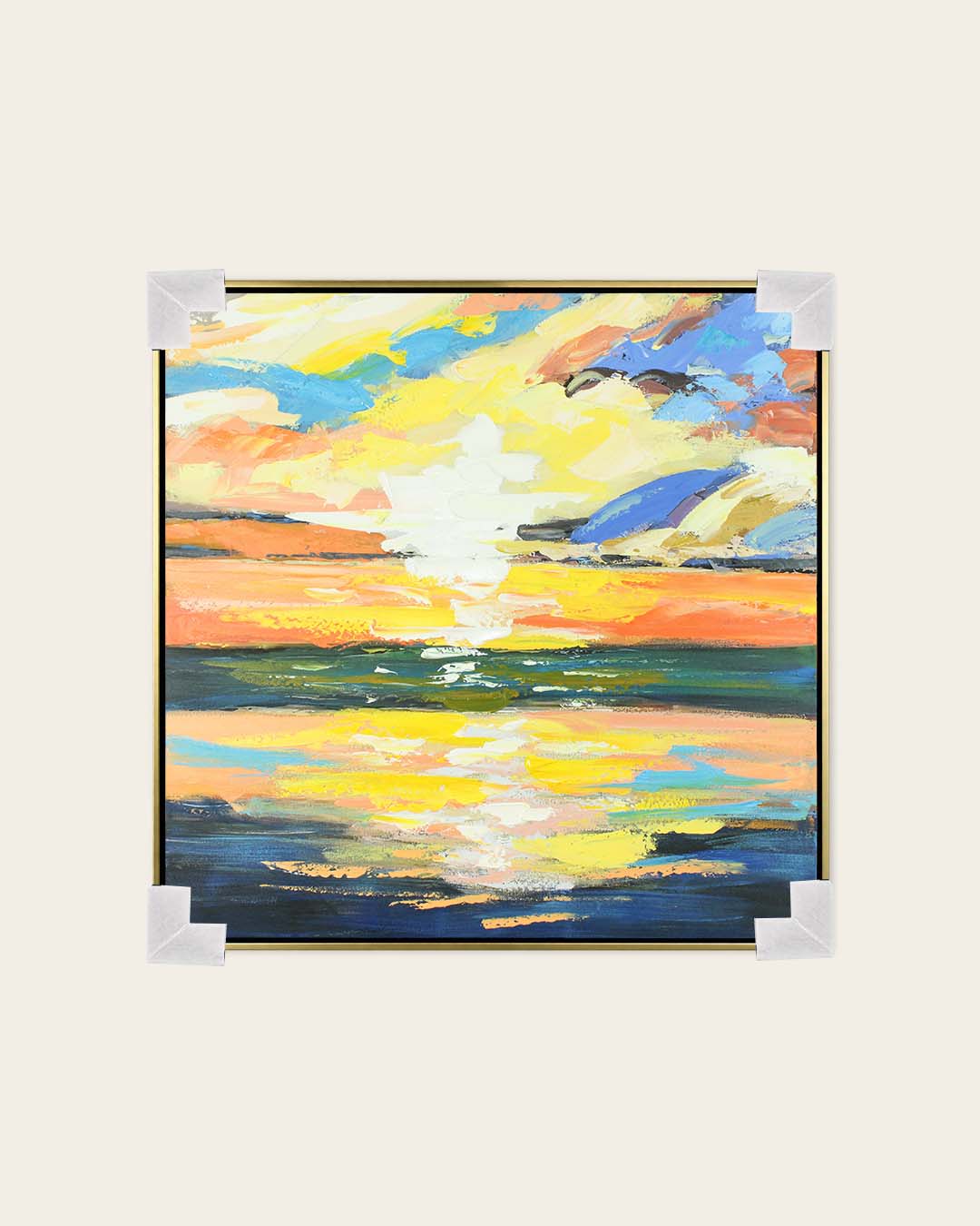 Golden Hour colourful abstract painting with corner protectors for delivery