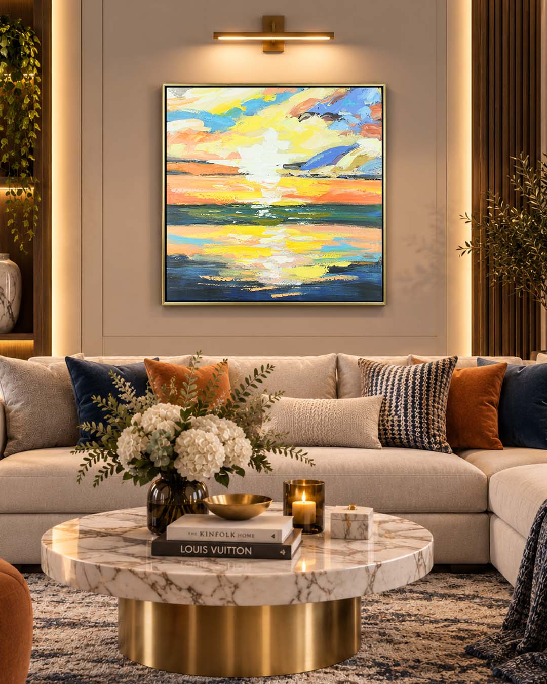 Golden Hour colourful abstract painting above a sofa in a living room