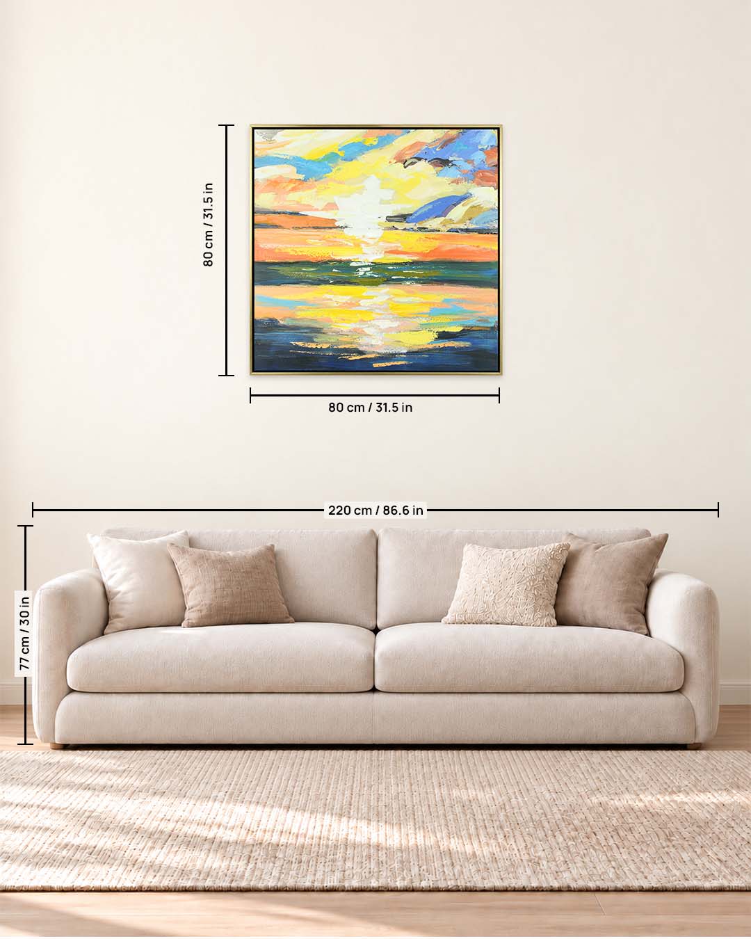 Golden Hour colourful abstract painting size guide above a sofa