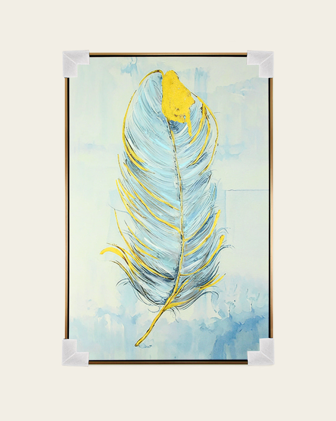 Golden Quill feather canvas art with corner protectors for delivery