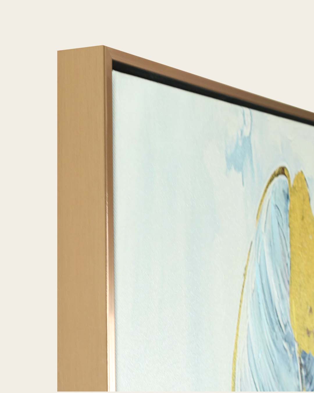 Golden Quill feather canvas art side profile of the rose gold frame
