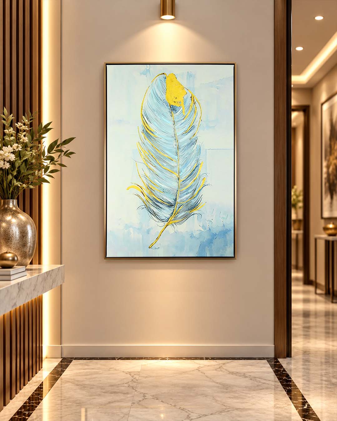 Golden Quill feather canvas art above a console table in a hallway