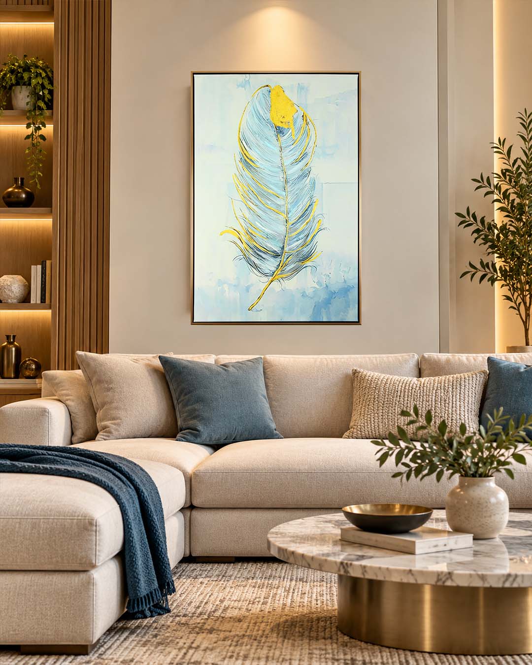 Golden Quill feather canvas art above a sofa in a living room