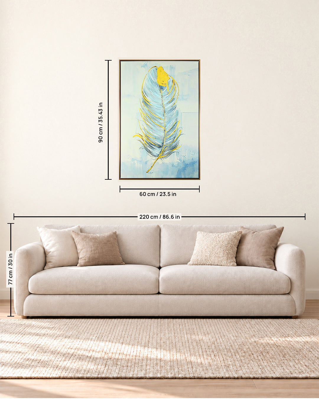 Golden Quill feather canvas art size guide above a sofa