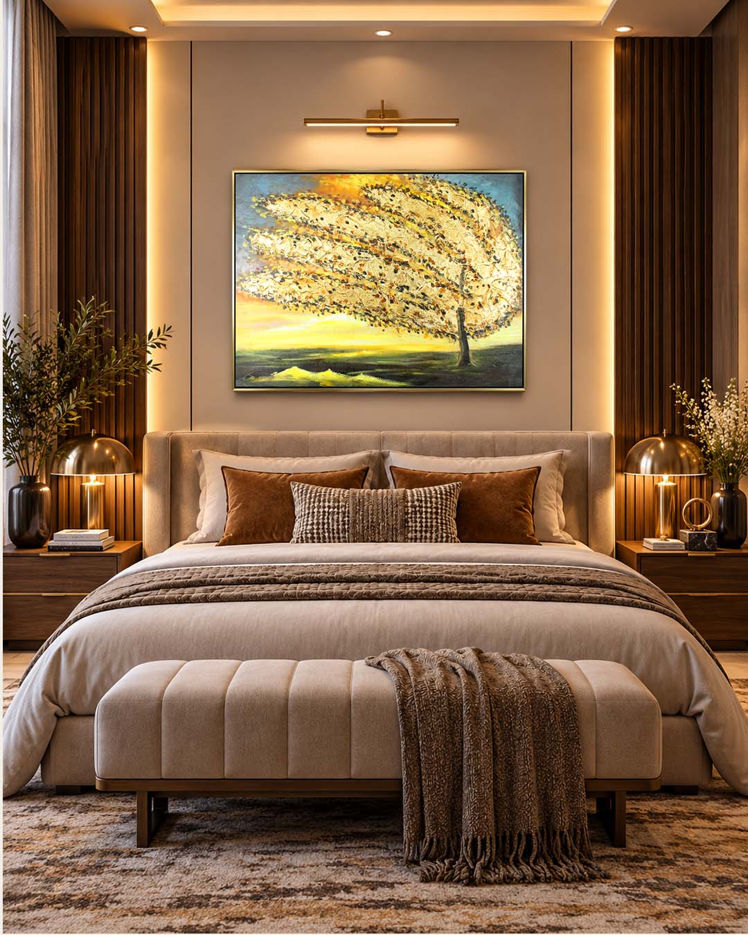 Golden Tempest windswept tree canvas art above a bed in a bedroom