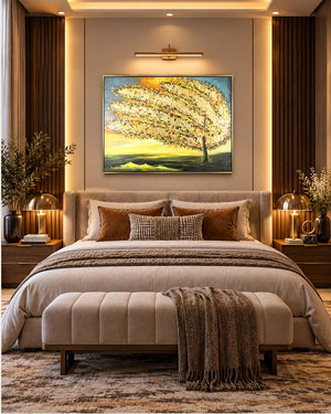 Golden Tempest windswept tree canvas art above a bed in a bedroom