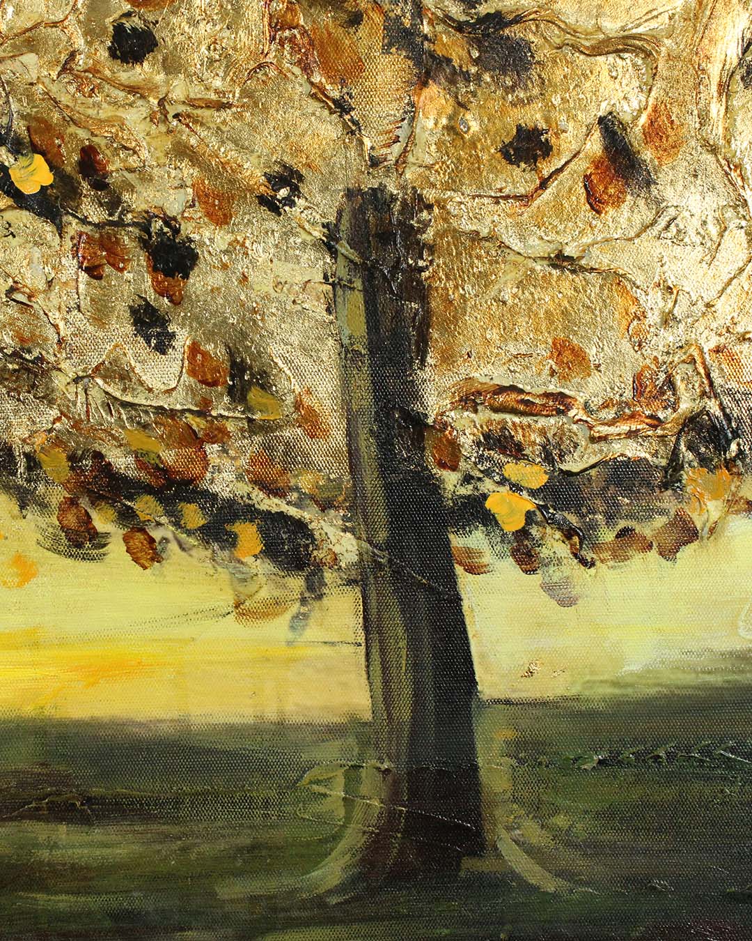 Golden Tempest windswept tree canvas art close-up of the brushwork