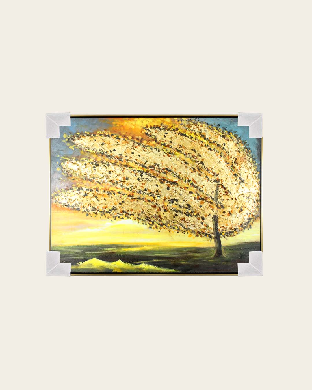 Golden Tempest windswept tree canvas art with corner protectors for delivery