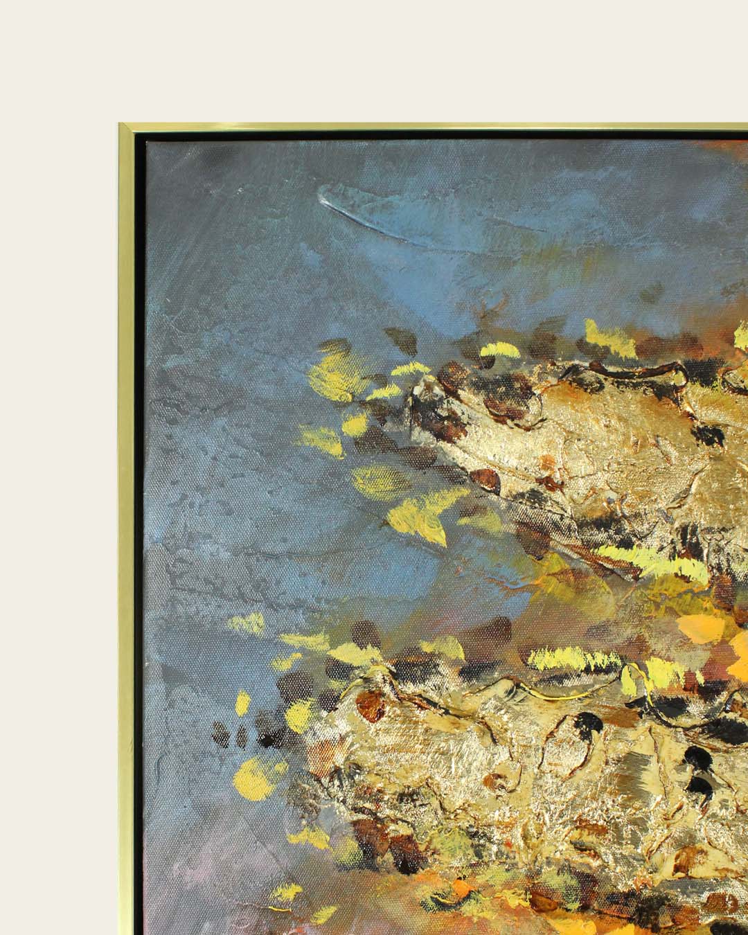 Golden Tempest windswept tree canvas art frame corner detail