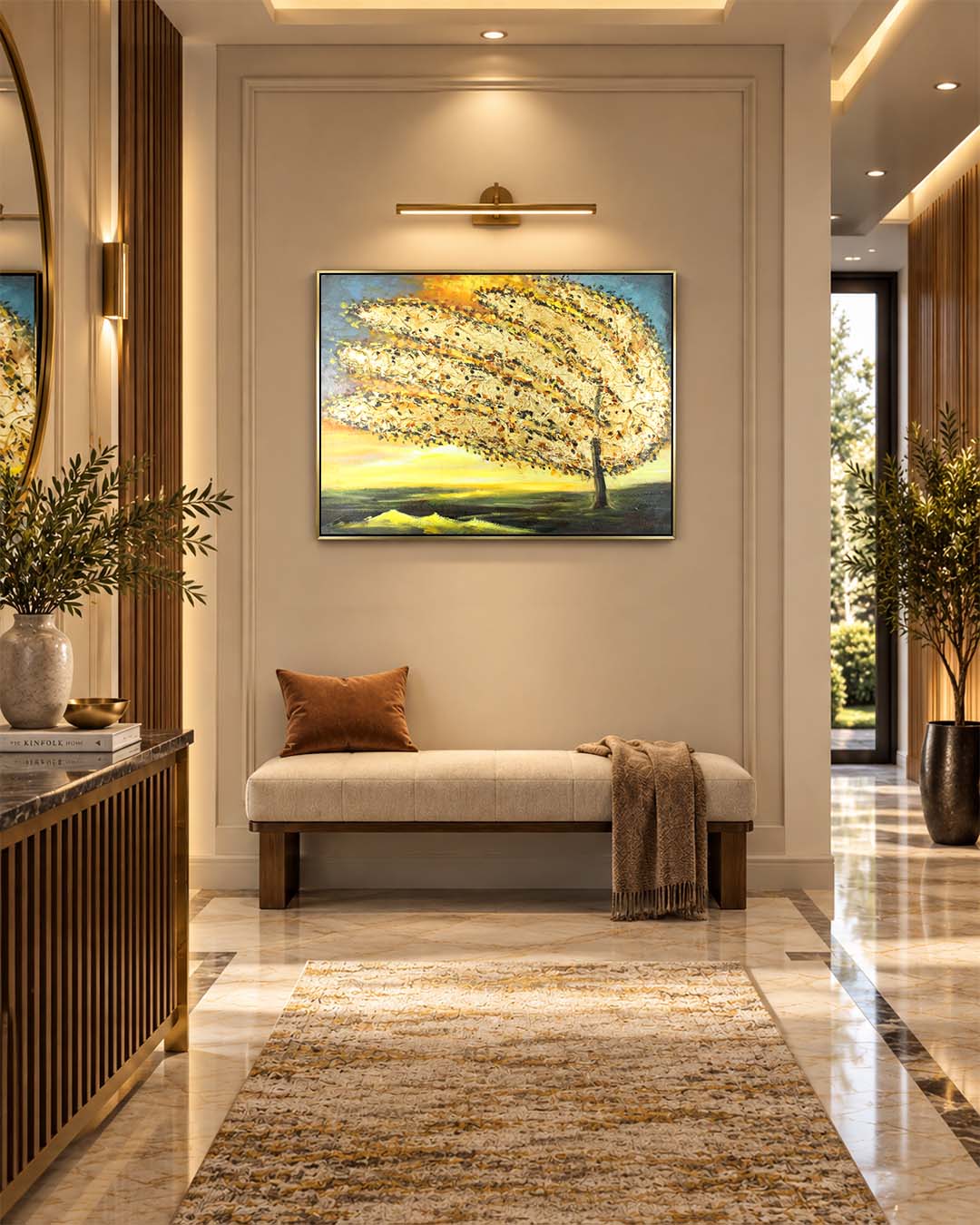 Golden Tempest windswept tree canvas art in a hallway