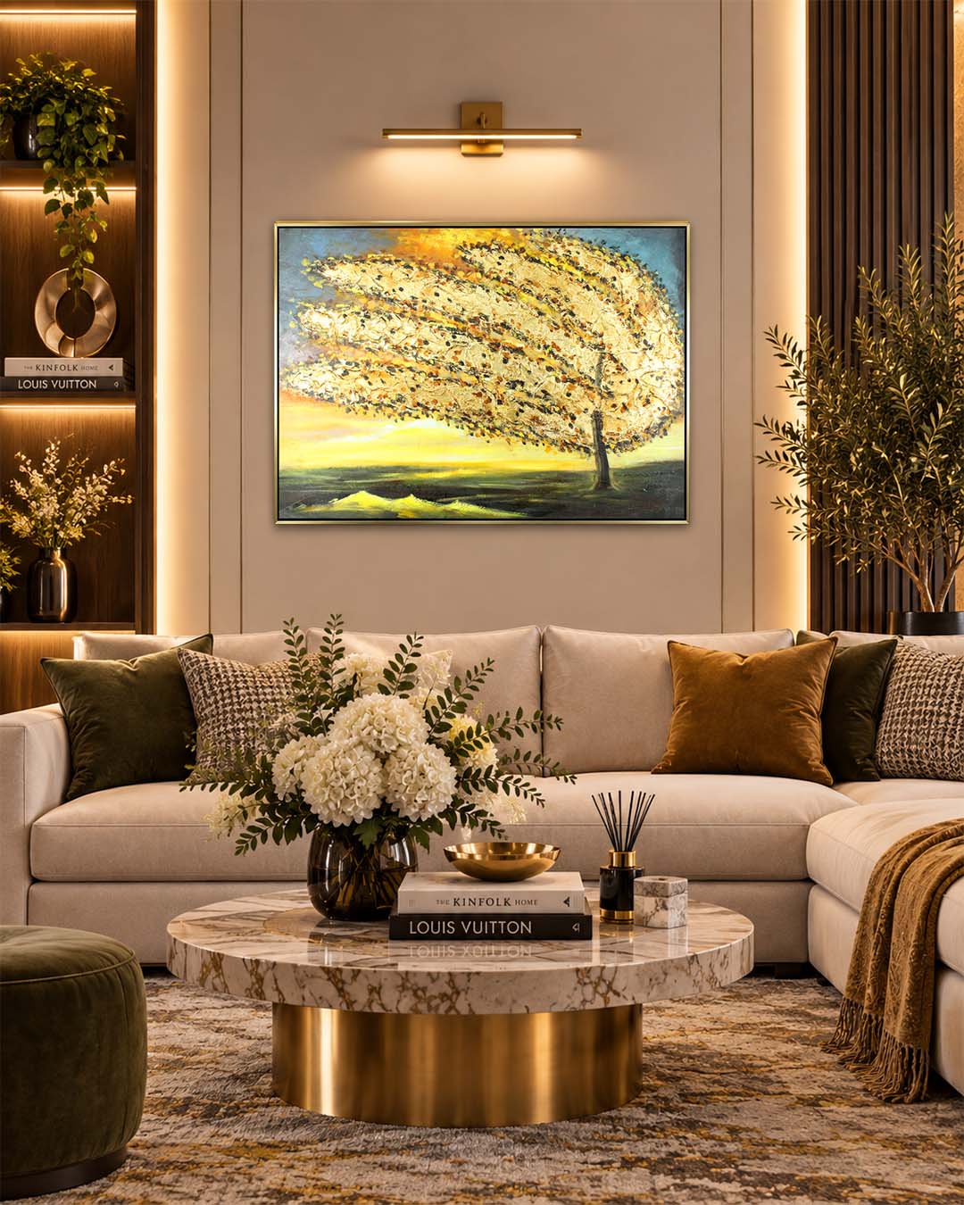 Golden Tempest windswept tree canvas art above a sofa in a living room