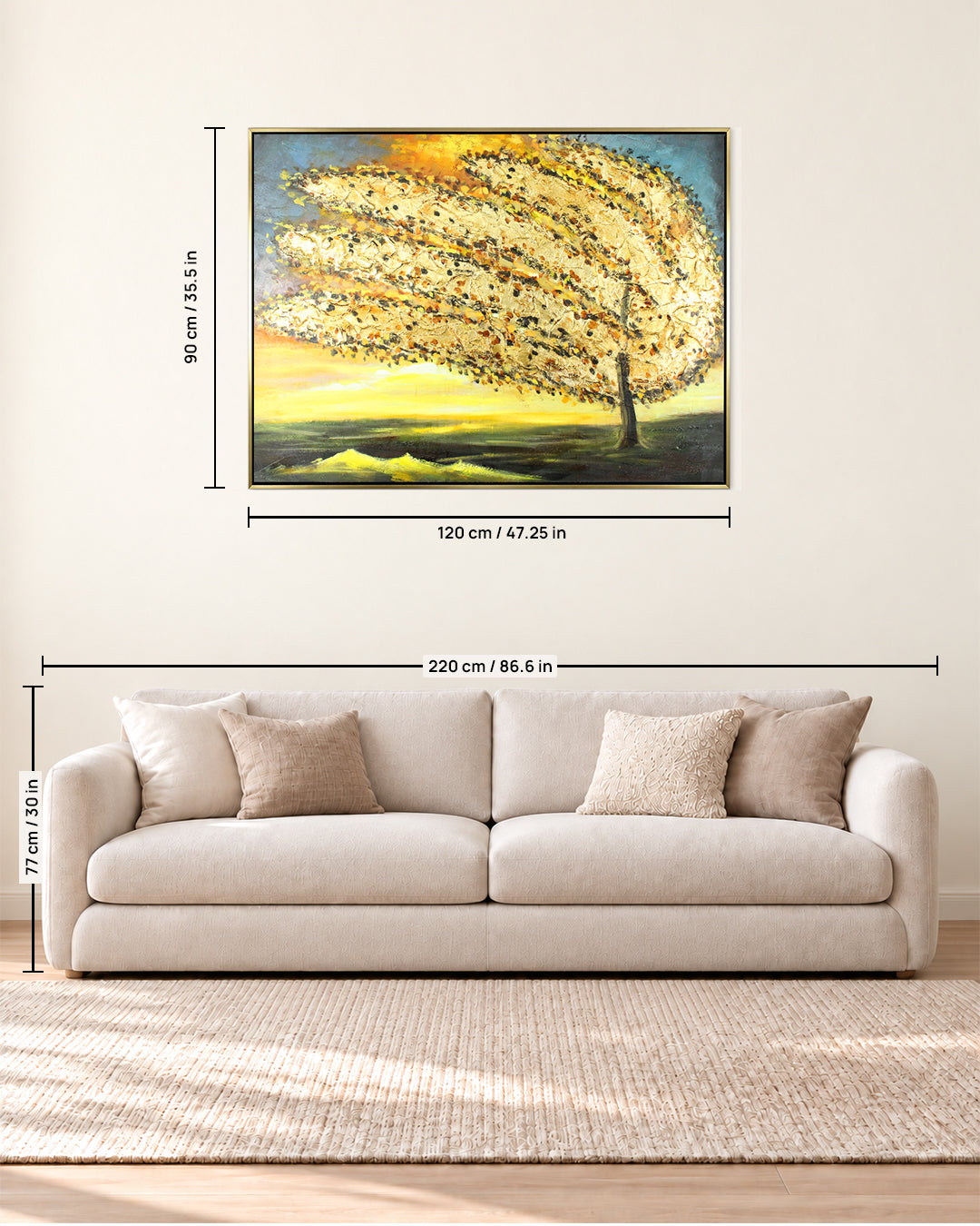 Golden Tempest windswept tree canvas art size guide above a sofa