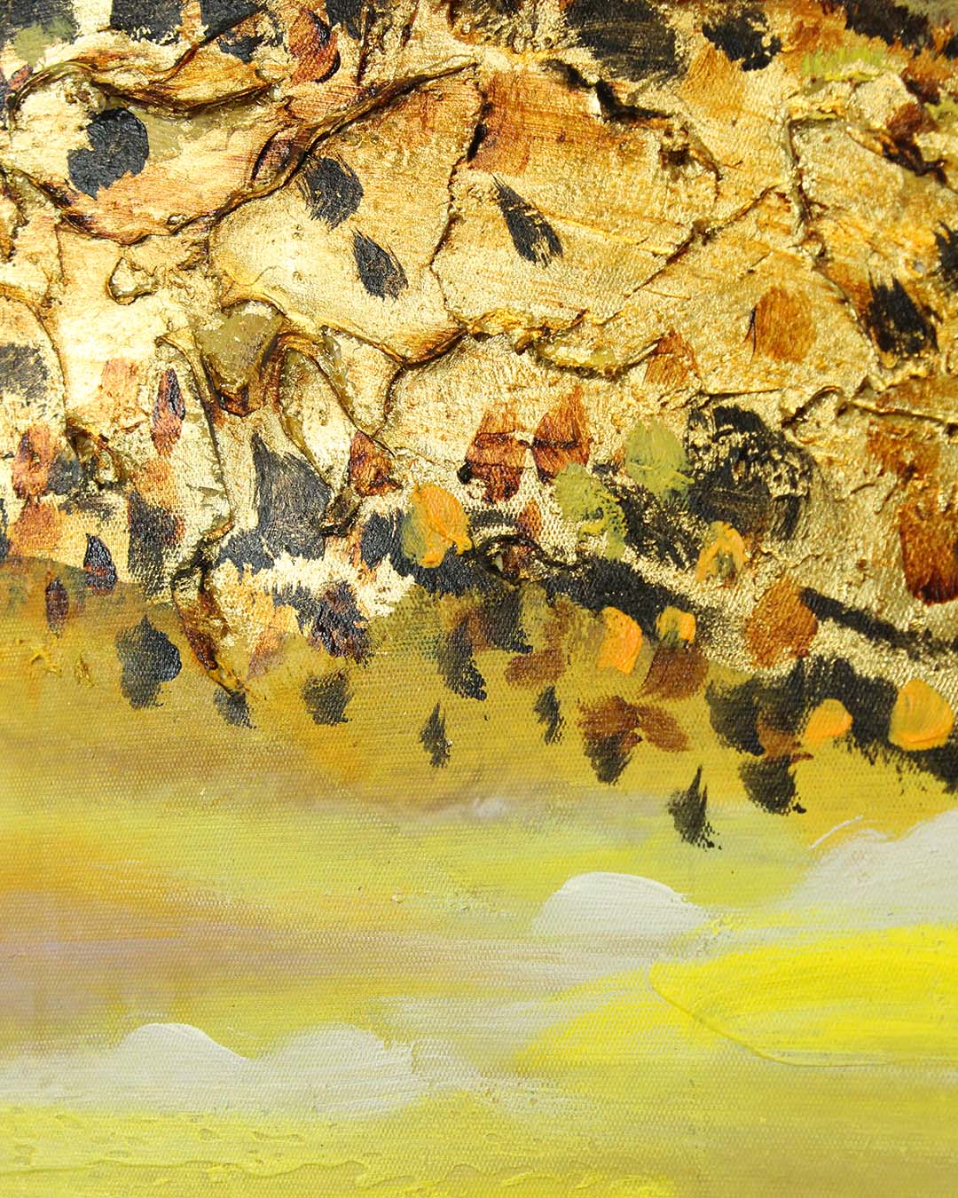 Golden Tempest windswept tree canvas art close-up of the textured paint