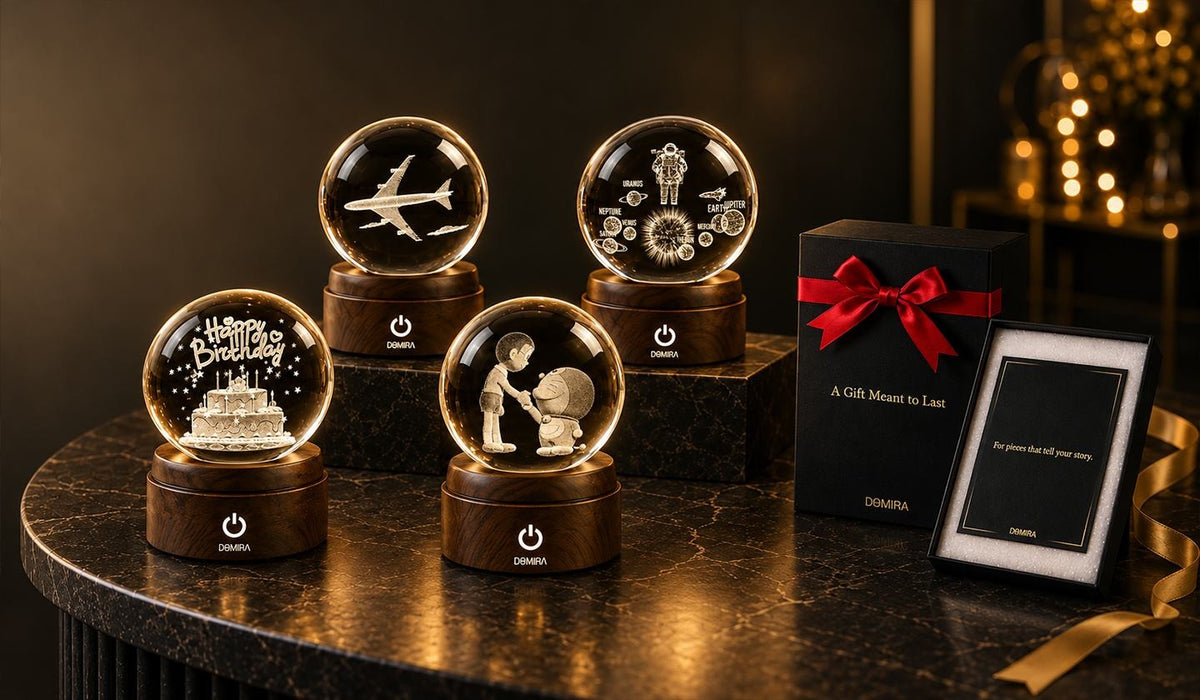 Engraved crystal globes on wood-effect light bases beside a DOMIRA gift box