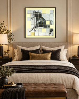 In Stride metallic tile horse wall art above a bed in a bedroom