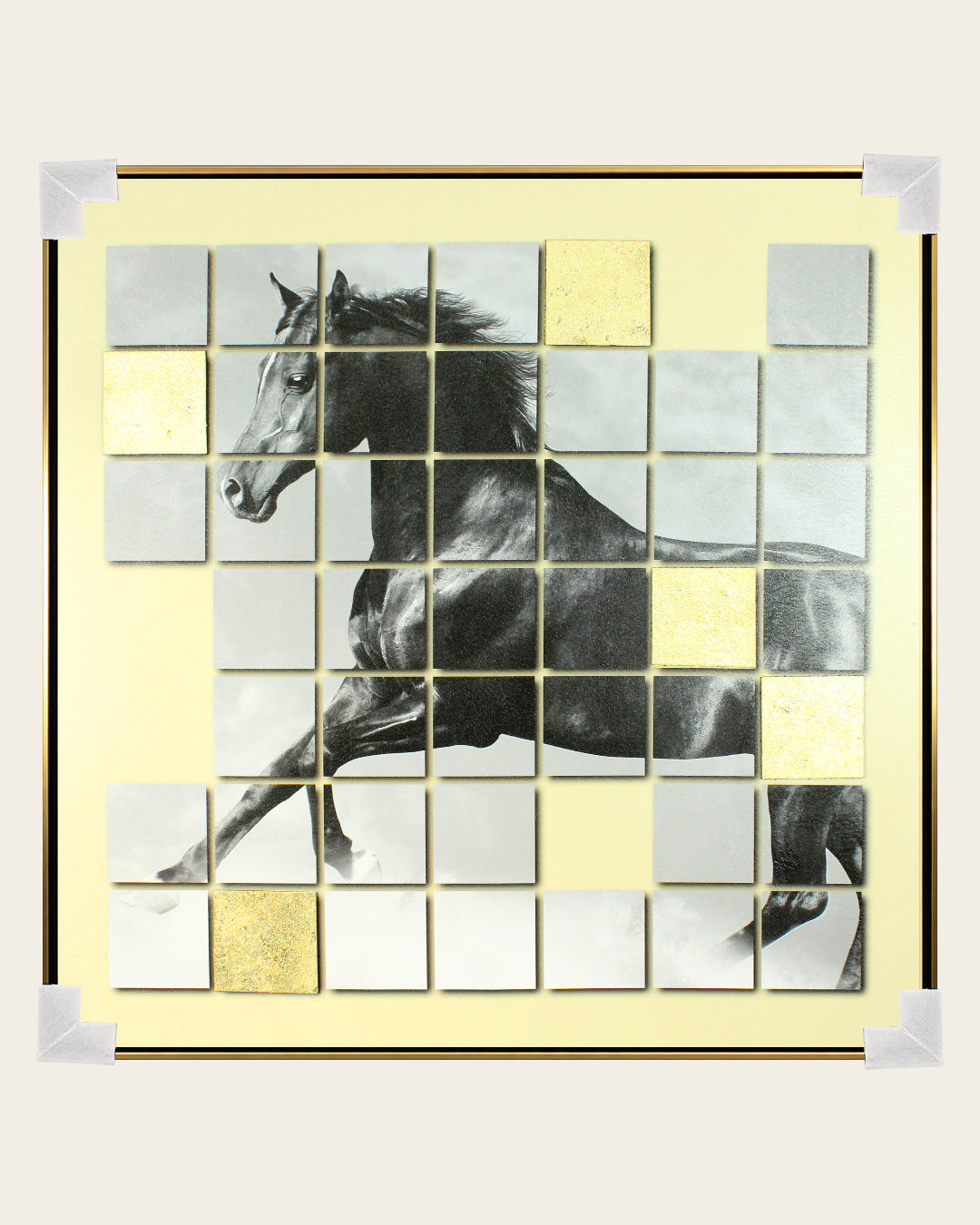 In Stride metallic tile horse wall art with corner protectors for delivery