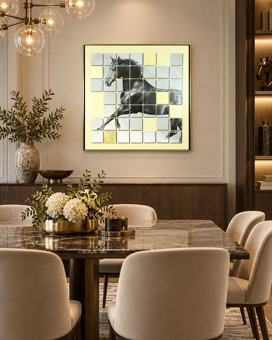In Stride metallic tile horse wall art in a dining room