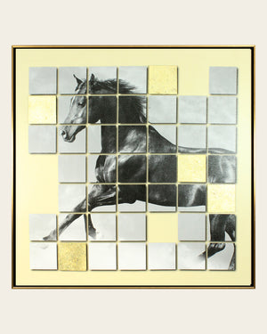 In Stride metallic tile horse wall art front view in a gold and black frame