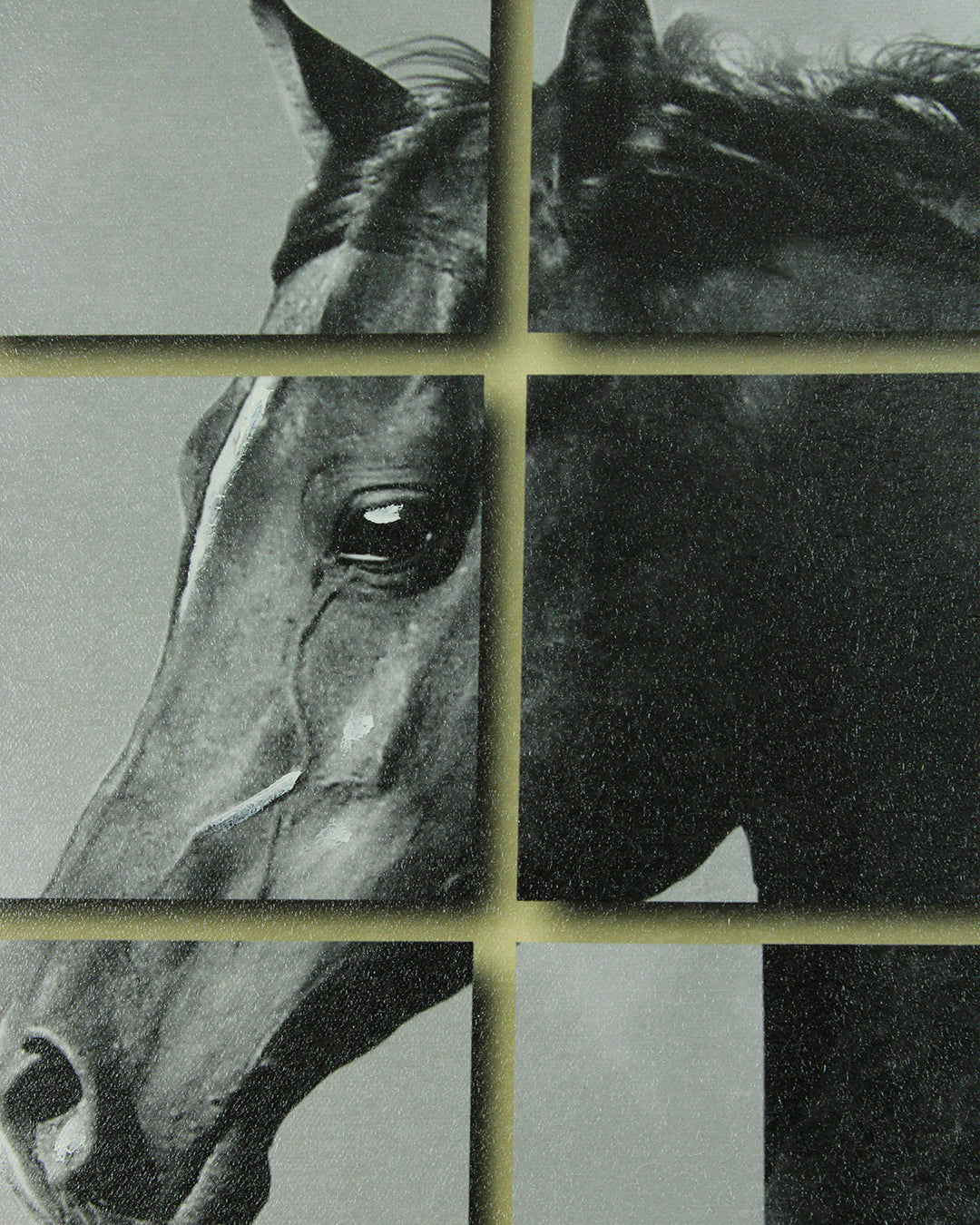 In Stride metallic tile horse wall art close-up of the horse head tiles