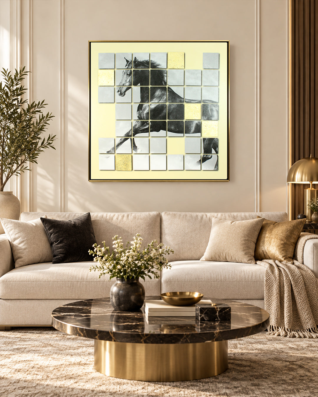 In Stride metallic tile horse wall art in a living room above a sofa