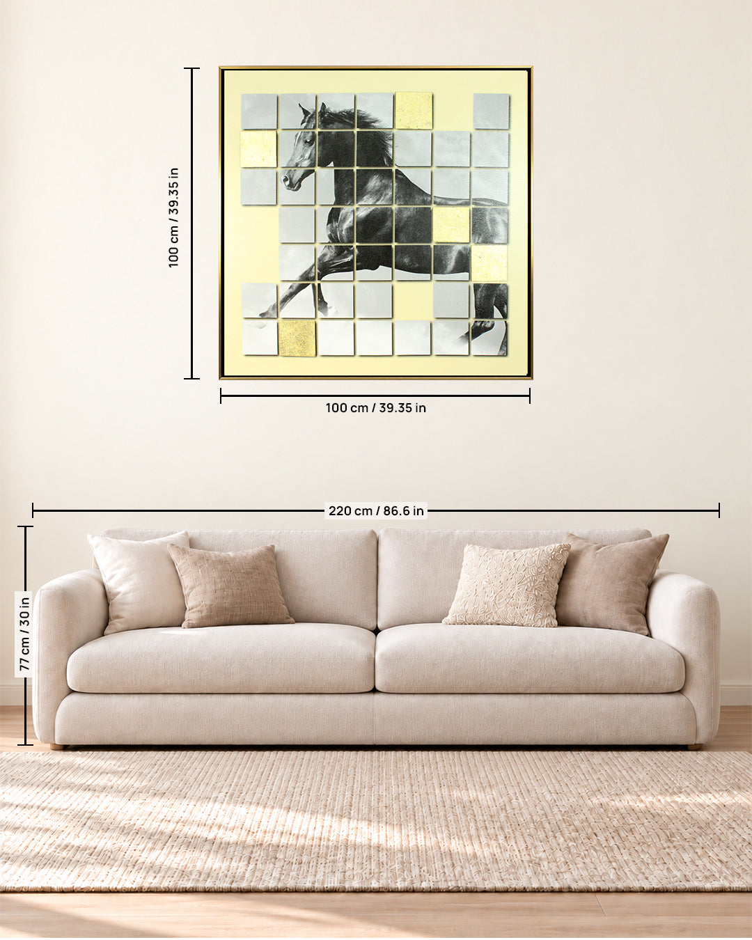 In Stride metallic tile horse wall art size guide above a sofa