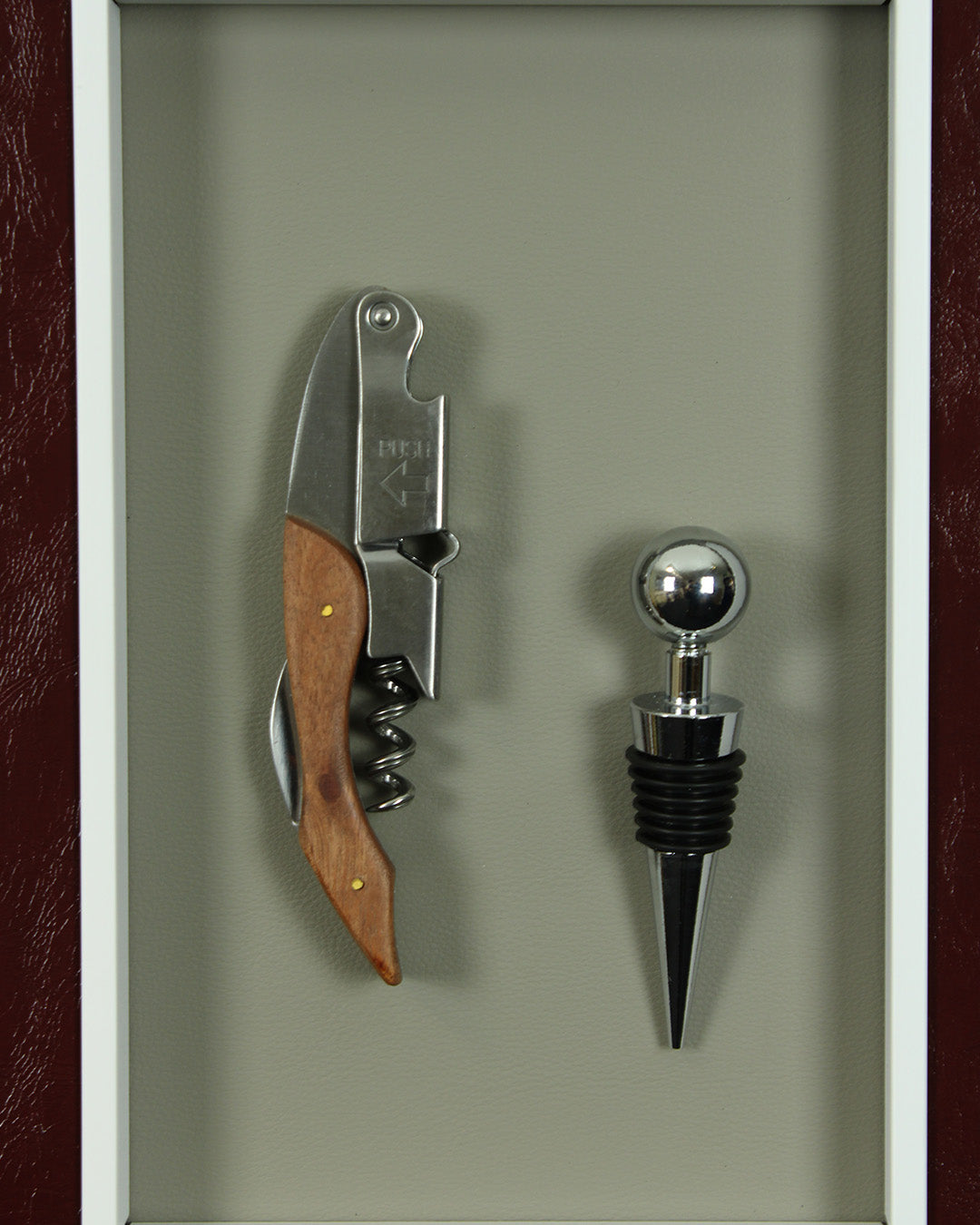 In Vino wine 3D shadow box wall art close-up of the corkscrew and bottle stopper