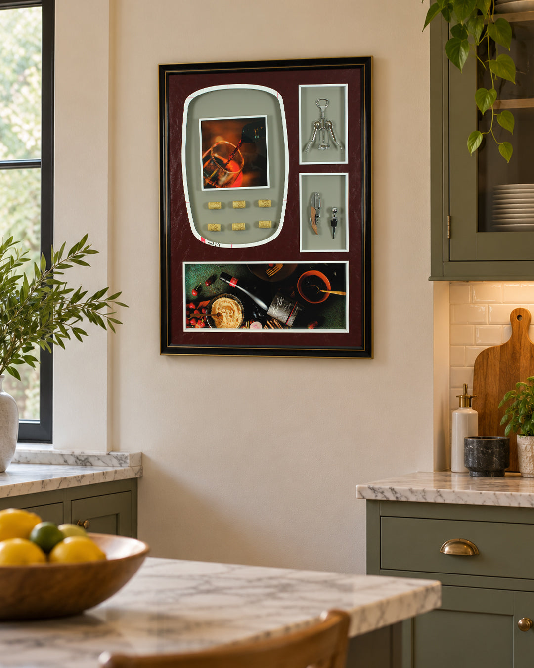 In Vino wine 3D shadow box wall art in a kitchen