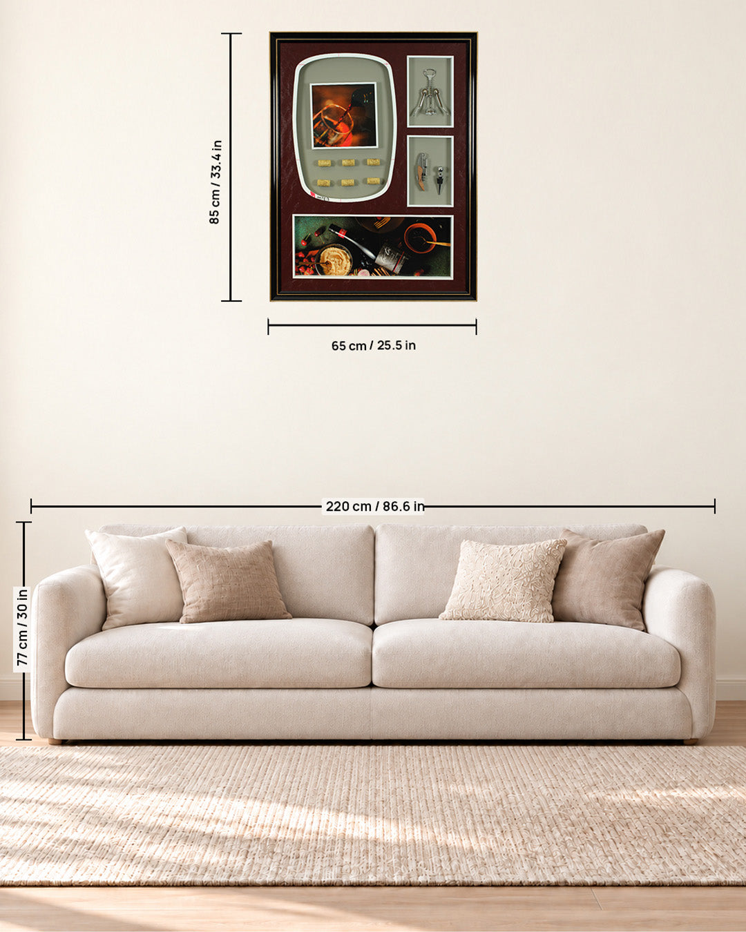In Vino wine 3D shadow box wall art size guide above a sofa