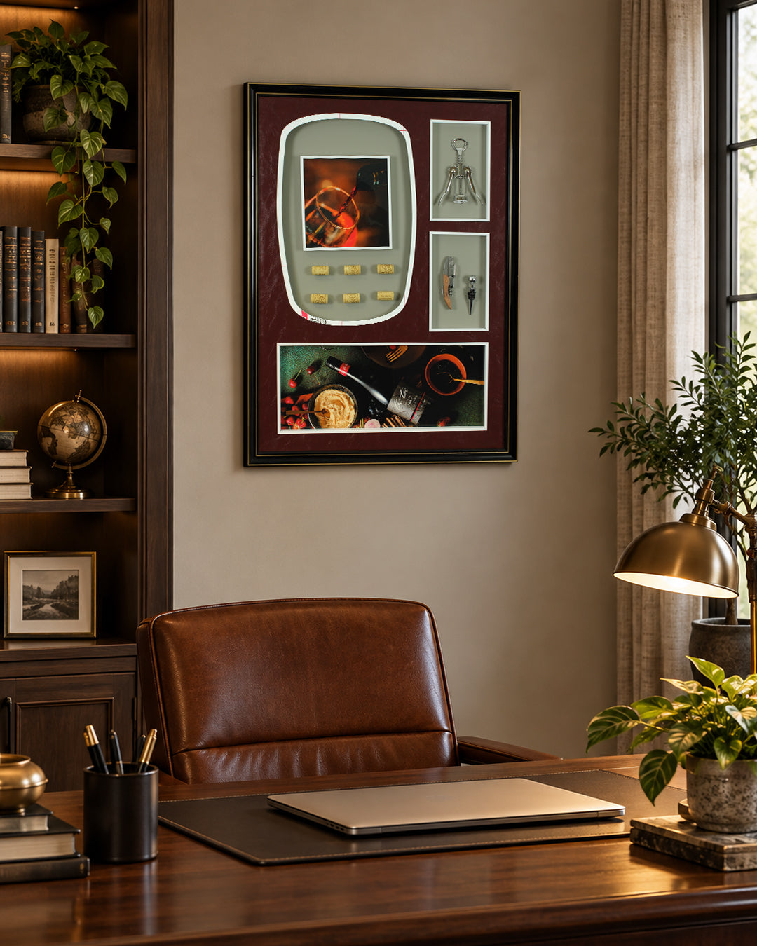 In Vino wine 3D shadow box wall art in a study above a desk