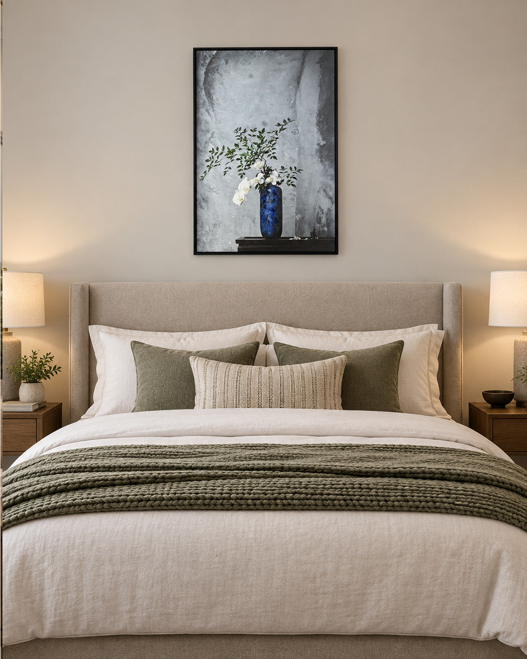 Indigo Grace flower vase wall art above a bed in a bedroom