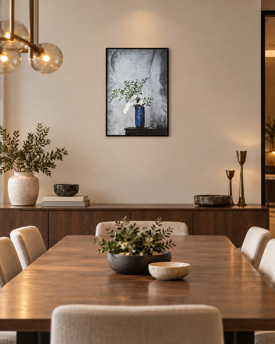 Indigo Grace flower vase wall art above a dining table