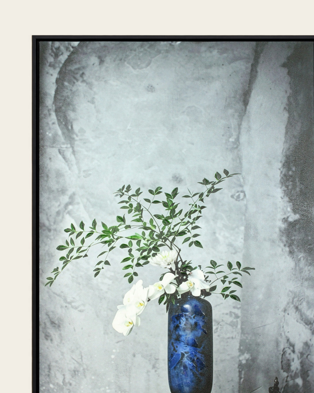 Indigo Grace flower vase wall art black frame corner detail