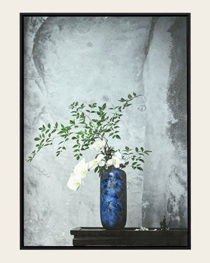 Indigo Grace flower vase wall art front view in a black frame