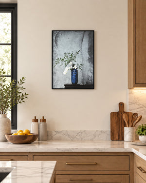 Indigo Grace flower vase wall art in a kitchen above the counter