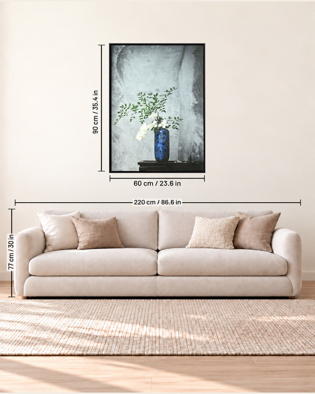 Indigo Grace flower vase wall art size guide above a sofa