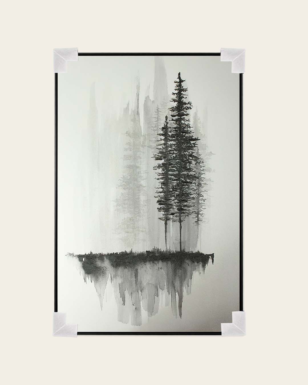 Ink & Pine monochrome tree wall art with corner protectors for delivery