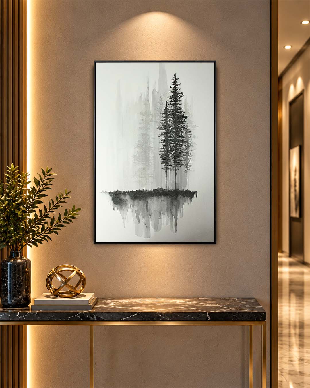 Ink & Pine monochrome tree wall art above a console table in a hallway
