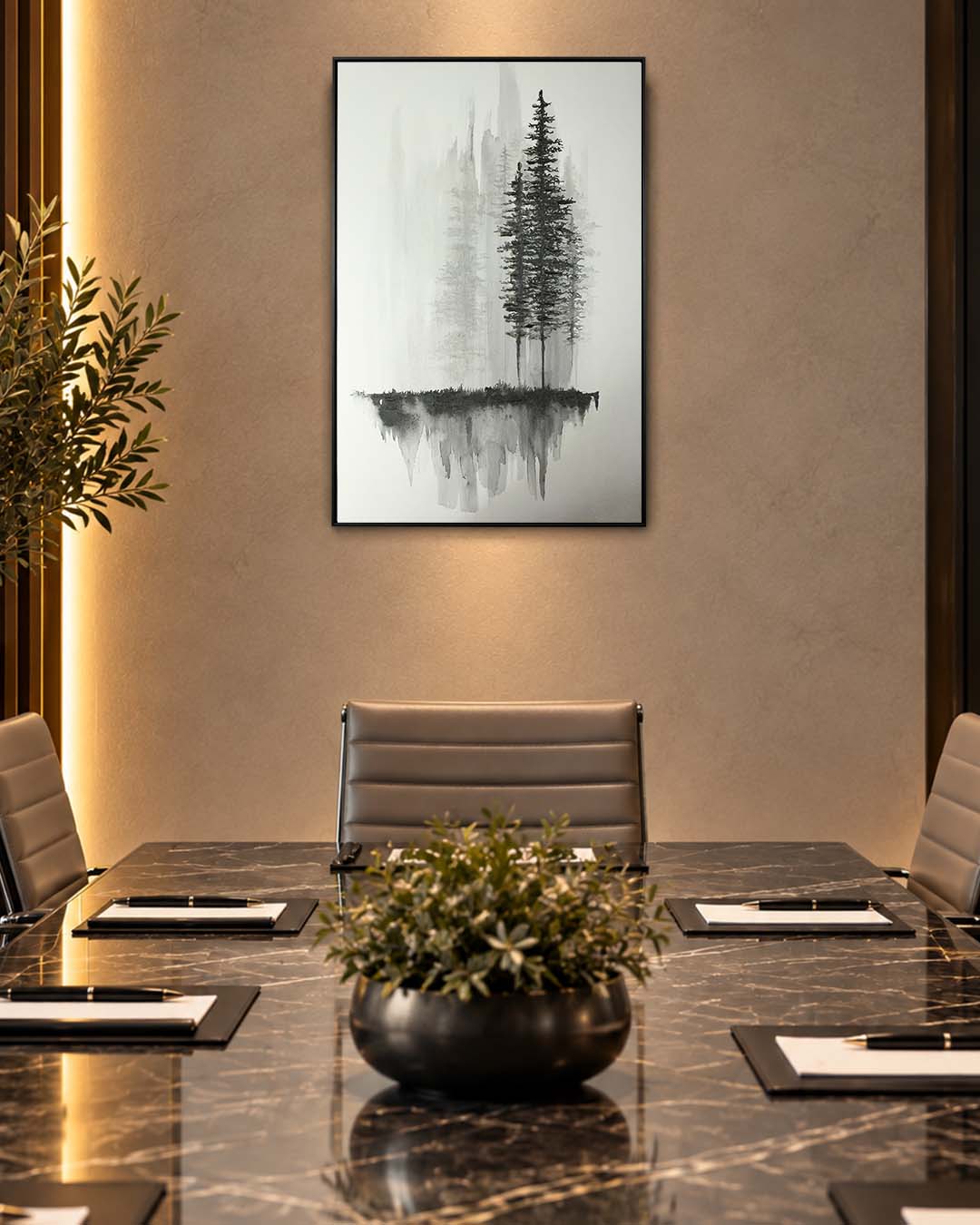 Ink & Pine monochrome tree wall art above a meeting table in an office