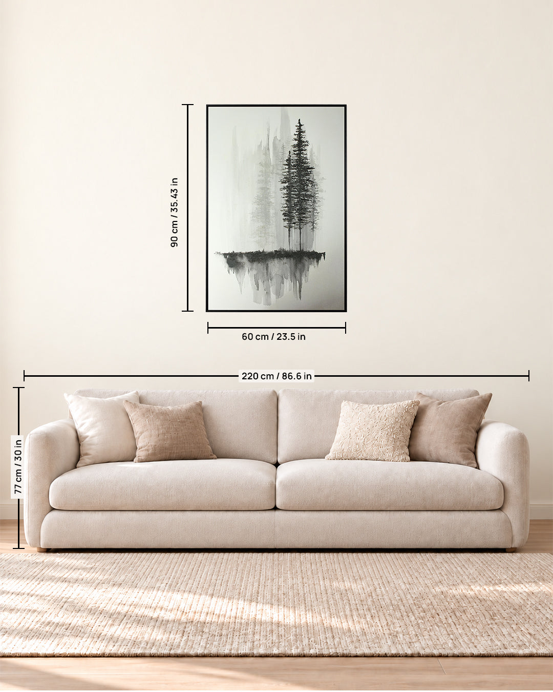 Ink & Pine monochrome tree wall art size guide above a sofa