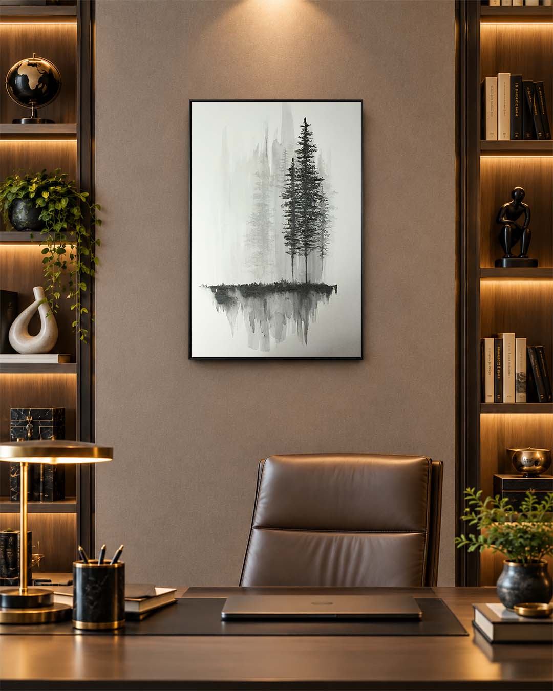 Ink & Pine monochrome tree wall art in a study above a desk
